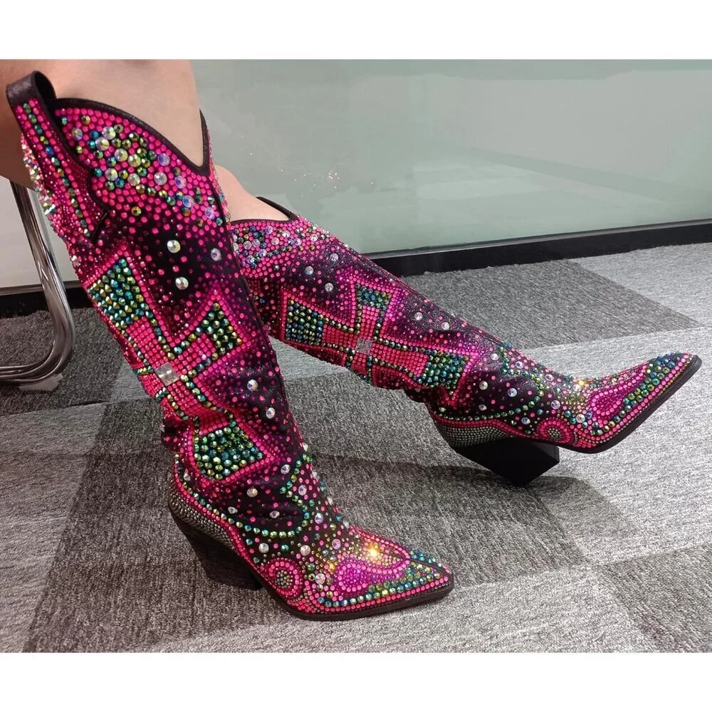 Women's Multi Black Fashion Rhinestone Cross Western Knee-High Cowboy Boots